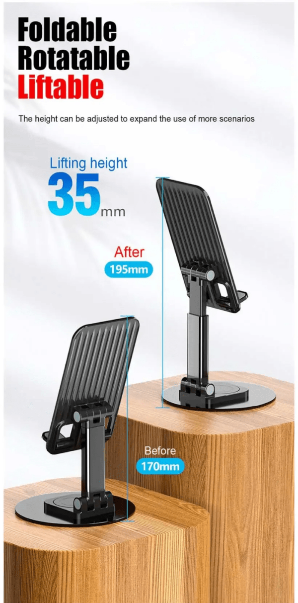 Découvrez ce support innovant : pliable, rotatif et ajustable en hauteur jusqu'à 195 mm. Idéal pour une utilisation polyvalente, il s'adapte à tous vos besoins, offrant confort et ergonomie pour vos appareils. Compact et robuste, il améliore votre expérience au quotidien.